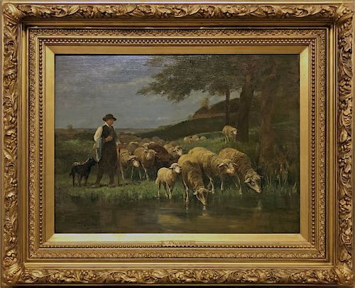 A. Voight Oil on Canvas of a Shepherd and Flock