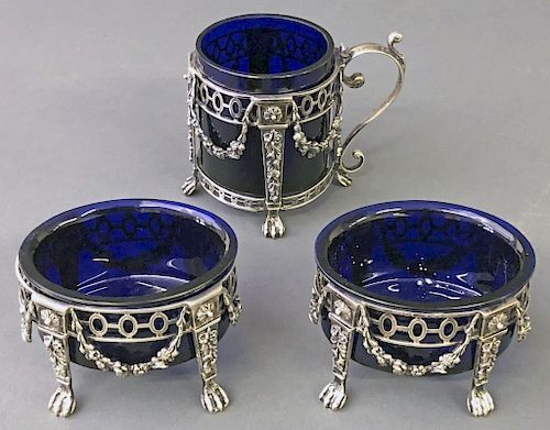 Silver and Cobalt Glass Open Salts and Container