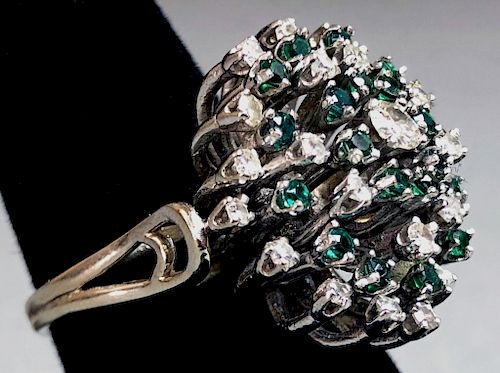 10K White Gold, Diamond, Emerald Cluster Ring