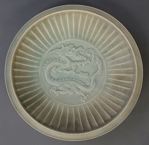 Asian Green Celadon Plate with Dragon Motif