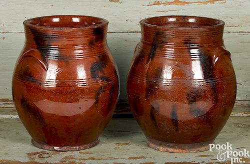Matched pair of redware crocks