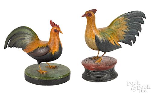 Two Frank Finney carved and painted roosters