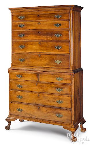 New England Chippendale cherry chest on chest