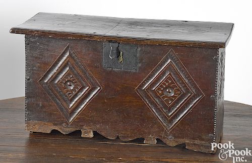 Diminutive Jacobean carved oak blanket chest