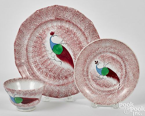 Red spatter peafowl plate and cup and saucer