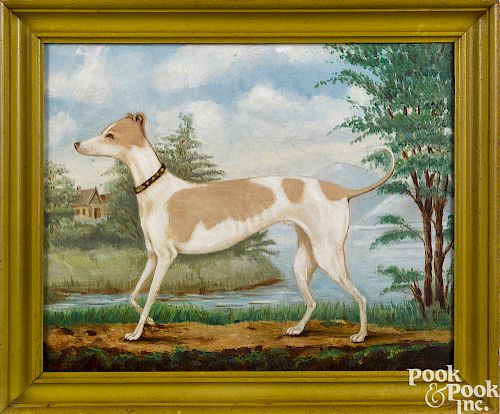 Oil on canvas landscape with a whippet