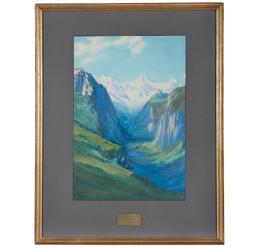 George E. Burr (1859-1939) Watercolor, "Lauterbrunnen Valley"