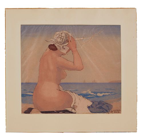 Carl Moser (1873-1939) Hand Colored Wood Block, Breton Bather
