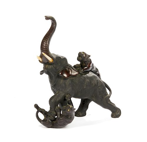 Japanese Bronze Elephant and Tiger Group