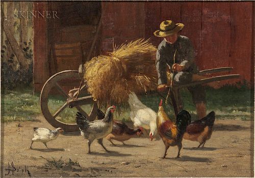 John Henry Dolph (American, 1835-1903)  Boy and Chickens