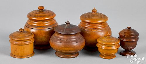 Group of six peaseware covered canisters