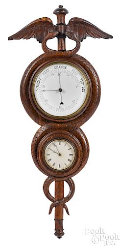 Carved walnut caduceus barometer clock