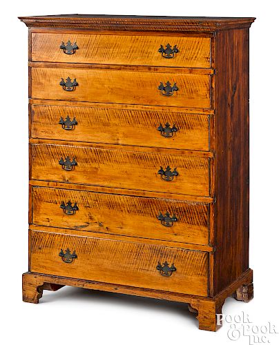 Chippendale tiger maple semi-tall chest