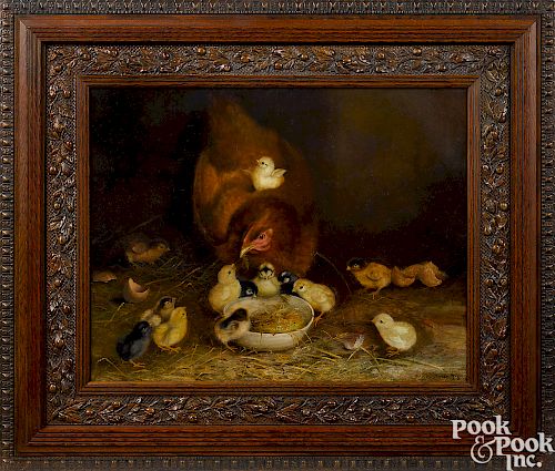 Ben Austrian oil on canvas of a hen with chicks