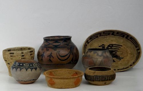 GROUP OF NATIVE AMERICAN POTTERY & BASKETRY