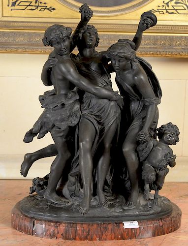 After Michel Claude Clodion (1738-1814), 
large figural bronze, 
Bacchante with Grapes and two other Bacchante and a Cherub, 
on lar...