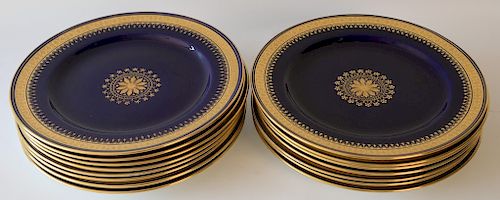 Fifteen Minton cobalt blue and gold plates. 
diameter 10 1/4 inches 
***If this lot is not picked up on Sat. 9/22, Sun. 9/23, or Tue...