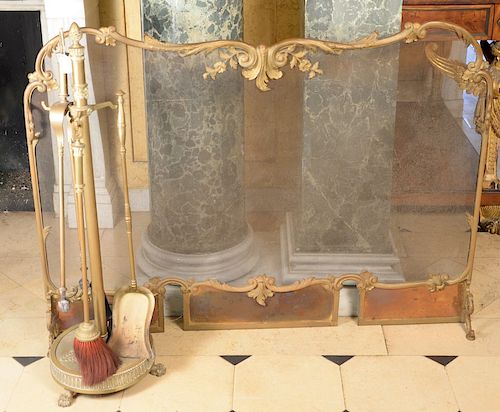 Louis XV style fire screen along with three fire tools and holder. 
screen: height 38 1/2 inches, width 50 3/4 inches 
***If this lo...