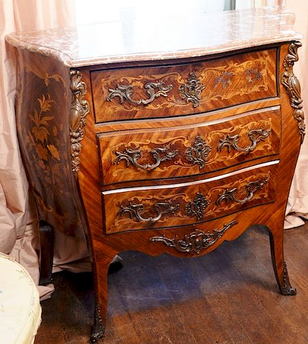 Pair of Louis XV style inlaid commodes having shaped rouge marble tops over conforming case with three drawers set on cabriole legs,...