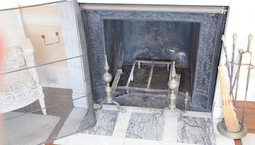 Fireplace lot to include pair of Federal brass steeple top andirons with log stops, grate, screen, andirons American circa 1830 and ...