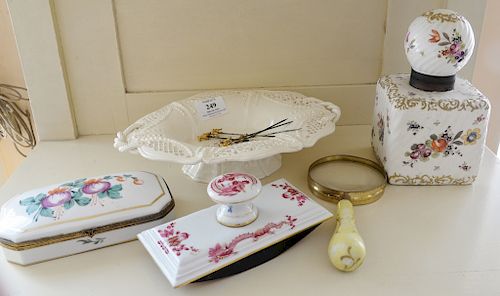 Five piece lot to include blotter, inkwell, French box, reticulated dish, and magnifier. 
***If this lot is not picked up on Sat. 9/...