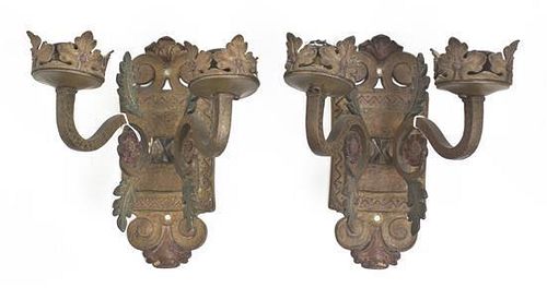 A Pair of Gilt Metal Two-Light Sconces, Height 11 1/2 inches.