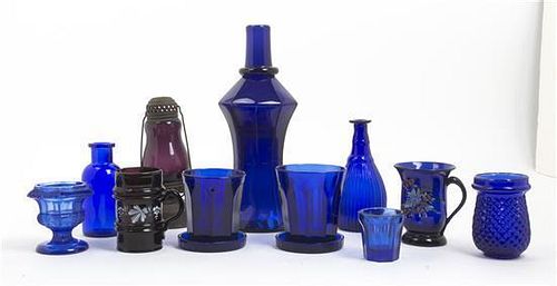 A Collection of Cobalt Glass Articles, Height of first 10 5/8 inches.