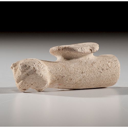Limestone Owl Effigy Disc Pipe, From the Collection of Jan Sorgenfrei, Ohio