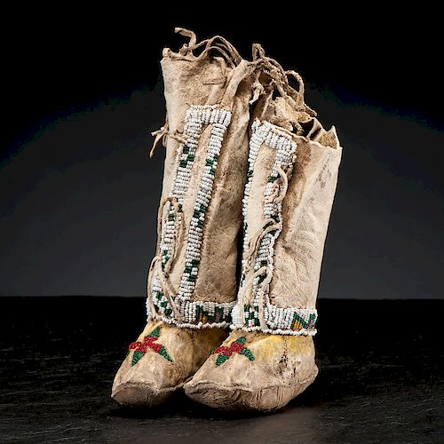 Sioux Child's Beaded Hide Hightop Moccasins, Collected by Gustav "Gus" Sigel (1837-1923)