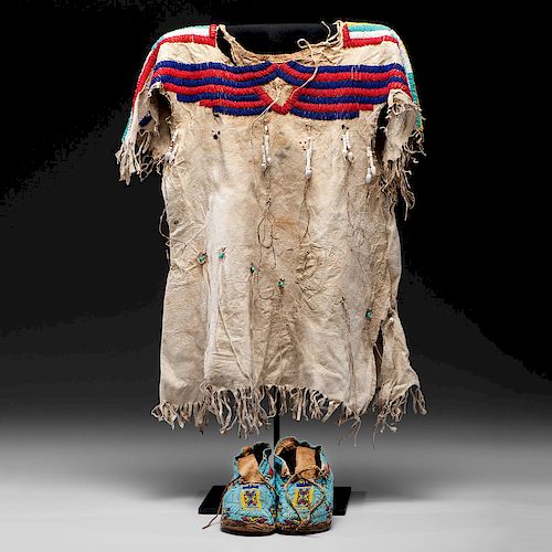 Plains Child's Beaded Hide Dress and Moccasins 