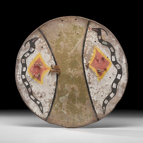 Pueblo Painted Buffalo Hide Shield with Cover, From the Collection of William H. Saunders, M.D. and Putzi Saunders