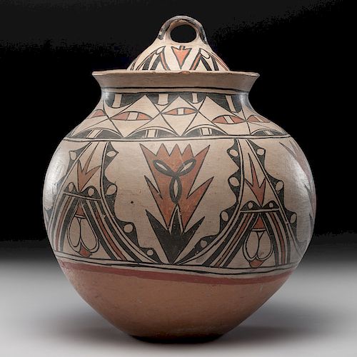 San Ildefonso Lidded Polychrome Pottery Olla 