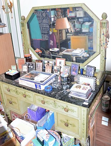 Marble top vanity and mirror, paint decorated, attributed Ogden Codman along with side chair. 
***If this lot is not picked up on Sa...