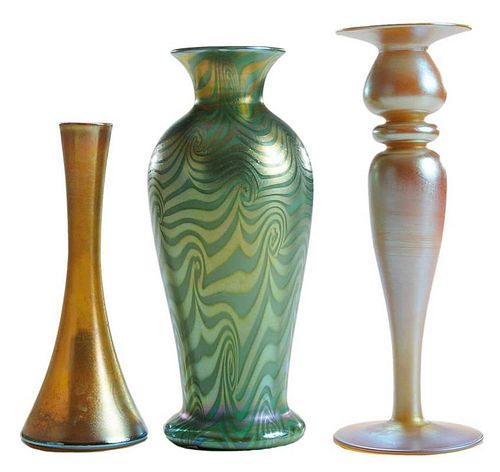 Two Art Glass Vases and Candlestick,