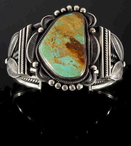 G Tom Navajo Etched Sterling & Ajax Turquoise Cuff
