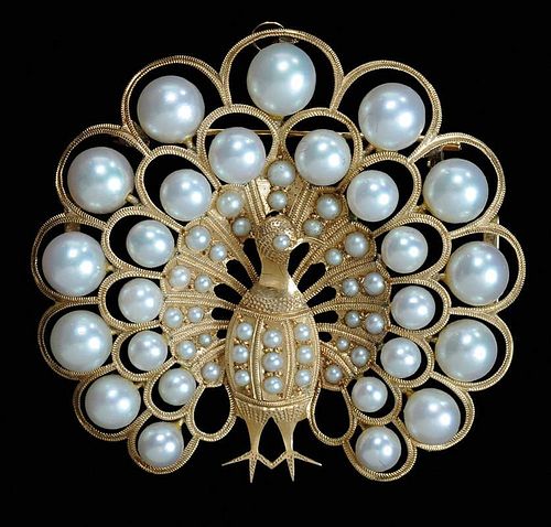 Pearl and Gold Peacock Brooch