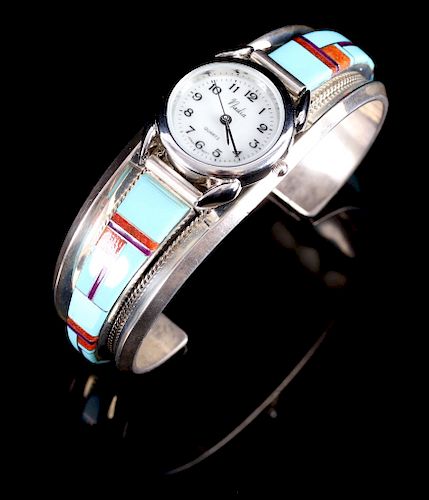 L Douglas Navajo Sterling Inlaid Mosaic Watch Cuff