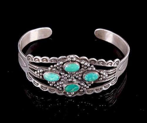 Navajo Old Pawn Style Silver & Fox Turquoise Cuff