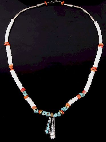 Navajo Turquoise and Coral Pendant Necklace