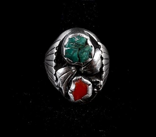 Navajo Coral & Turquoise Sterling Silver Ring