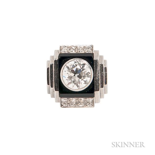 Art Deco Platinum, Onyx, and Diamond Ring, Rene Boivin