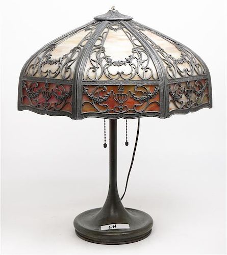 An American Slag Glass Paneled Lamp, Height 22 inches.