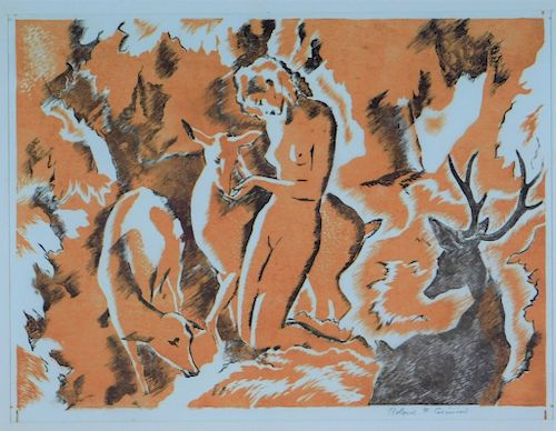 Roland Cosimini Mythical Nude Nymph Deco Woodcut