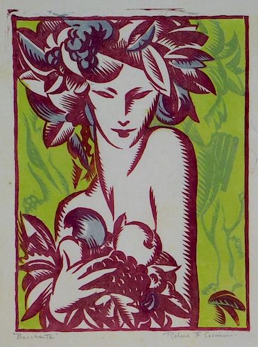 Roland Cosimini Bacchante Woman Art Deco Woodcut