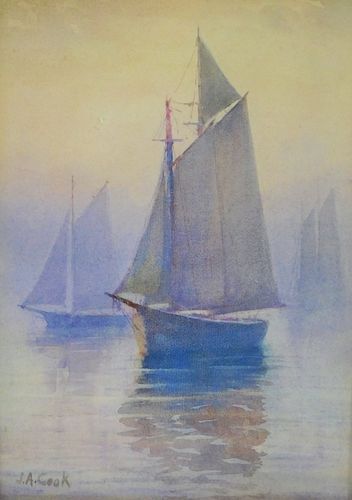 John A. Cook Nocturnal Misty Sailboat WC Painting