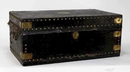 19C Chinese Leather Brass Tack Camphor Wood Trunk