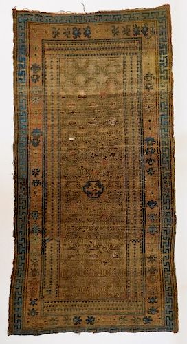 19C. East Turkestan Blue Tan Geometric Carpet Rug