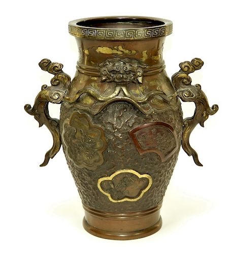 Japanese Meiji Period Gilt Bronze Twin Handle Vase
