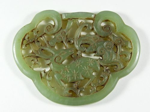 Chinese Carved Celadon Jade Openwork Deer Plaque