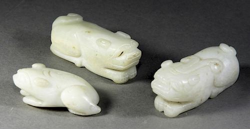 3PC Chinese White Jade Frog Foo Dog Beast Figures
